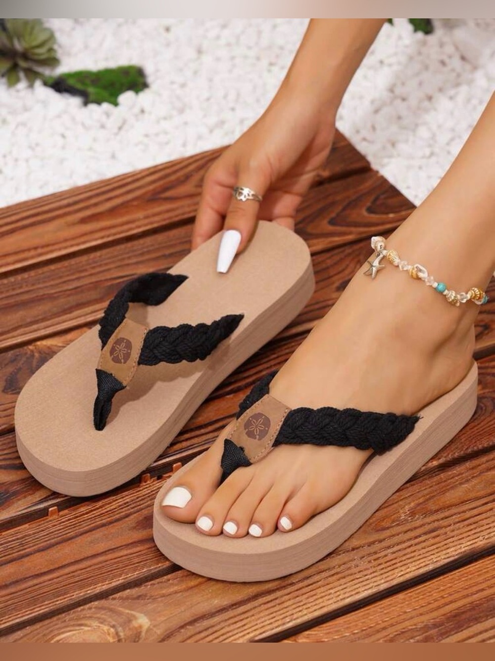 NEW Braided Strap Flip-Flop Sandals - Black/Tan